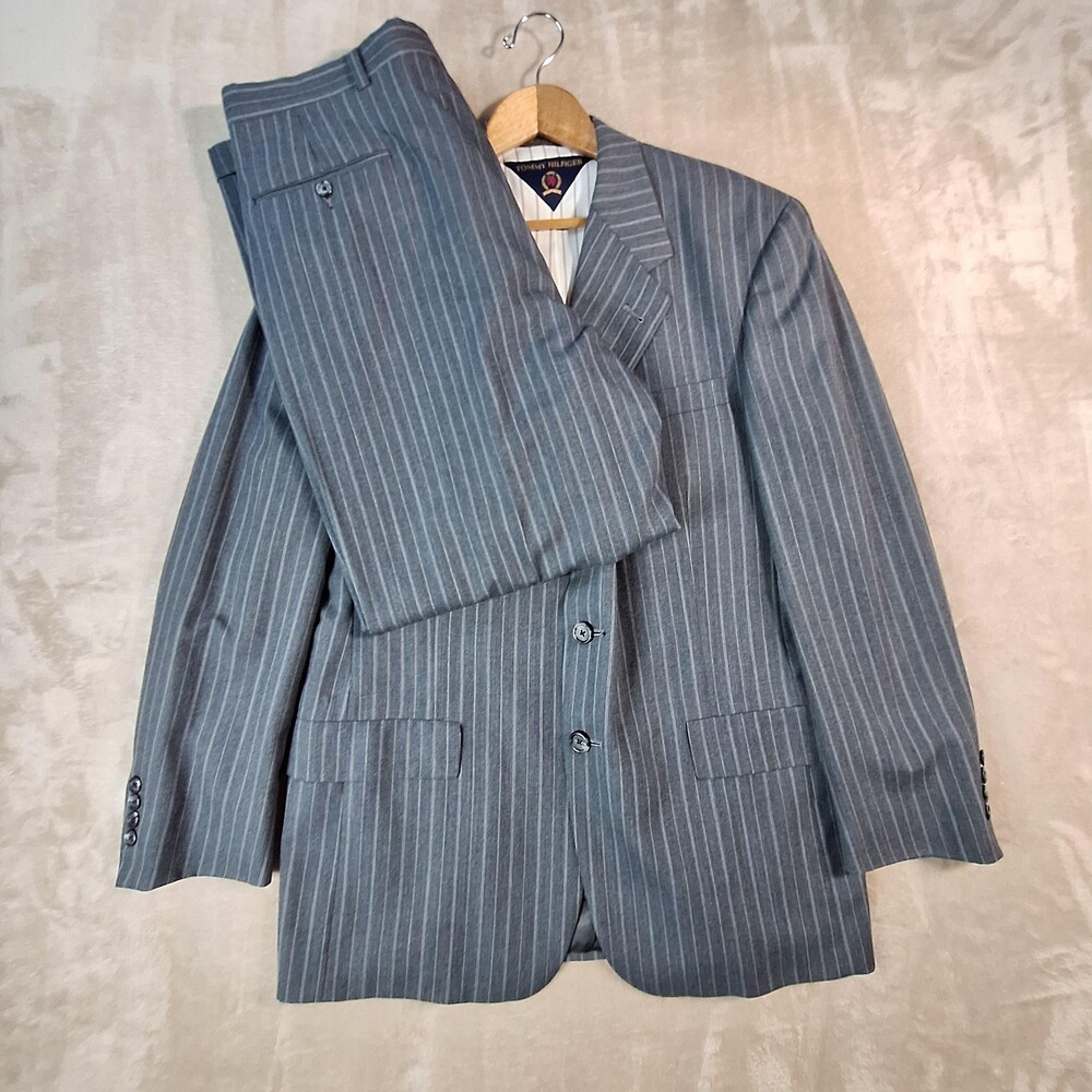 Vintage Tommy Hilfiger Suit Mens 40 34x30 Gray Stripe Single Vent 3 Btn USA